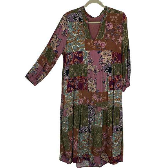 Tolani Midi Peasant Shift Dress size Medium balloon Sleeve Mauve Floral Pockets - Picture 1 of 12